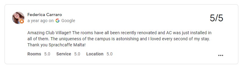 Amazing Club Village!! The rooms have all been recently renovated and AC was just installed in all of them. The uniqueness of the campus is astonishing and I loved every second of my stay. Thank you Sprachcaffe Malta!