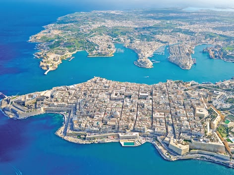 Bird’s-eye view of Valletta and the Three Cities surrounded by the Mediterranean Sea.