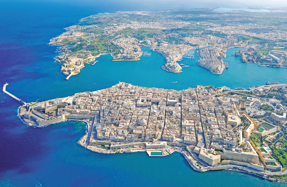 Bird’s-eye view of Valletta and the Three Cities surrounded by the Mediterranean Sea.
