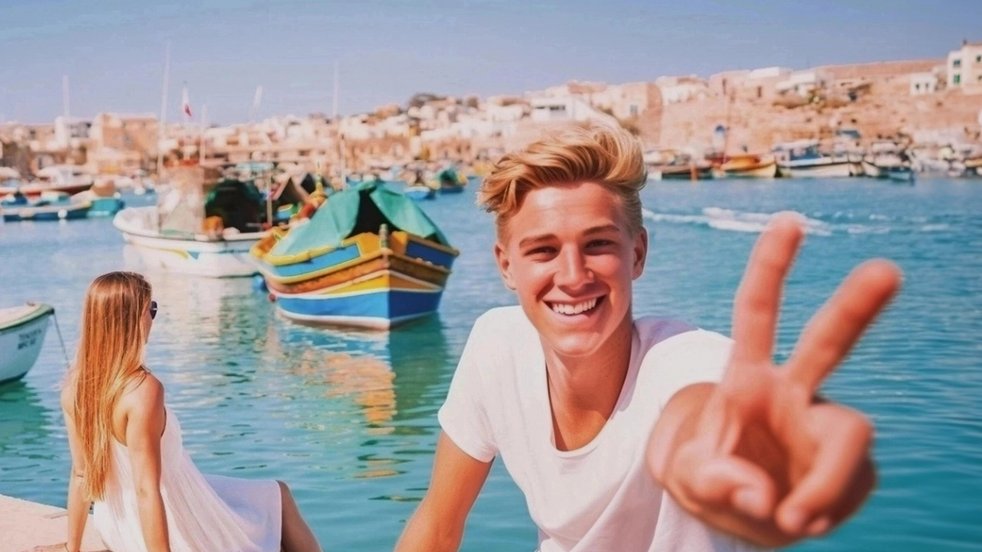 Girl sitting by the harbour in Malta, overlooking colourful traditional boats in the clear blue water.