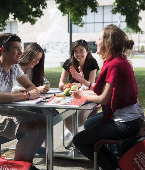Sprachcaffe students studying together at an outdoor table in a sunny park setting.