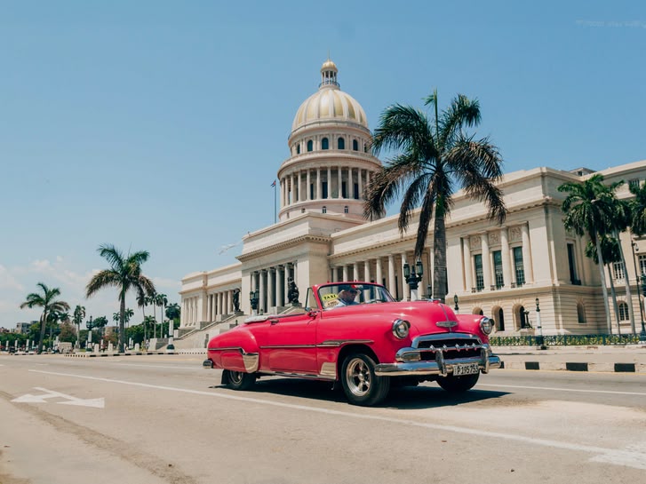 Classic pink car driving past El Capitolio in Havana, Cuba, with palm trees and clear blue sky.