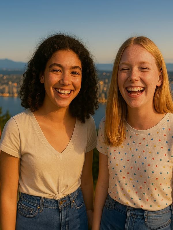 Two smiling girls posing at a scenic viewpoint in Vancouver, Canada, with mountains and water in the background.