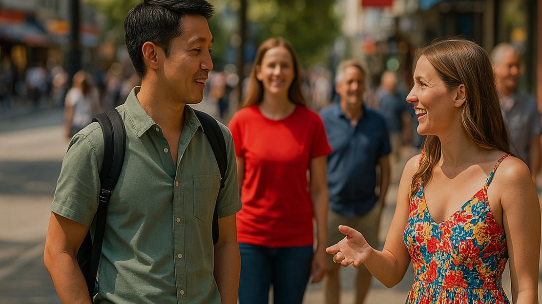 Two young adults talking while walking along a busy shopping street in Vancouver, Canada.