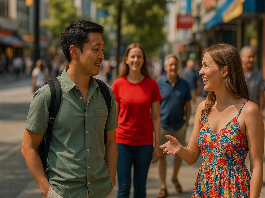 Two young adults talking while walking along a busy shopping street in Vancouver, Canada.