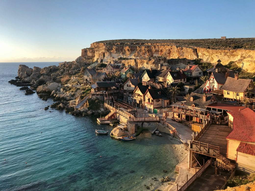 View of the colourful Popeye Village film set on the Maltese coast.