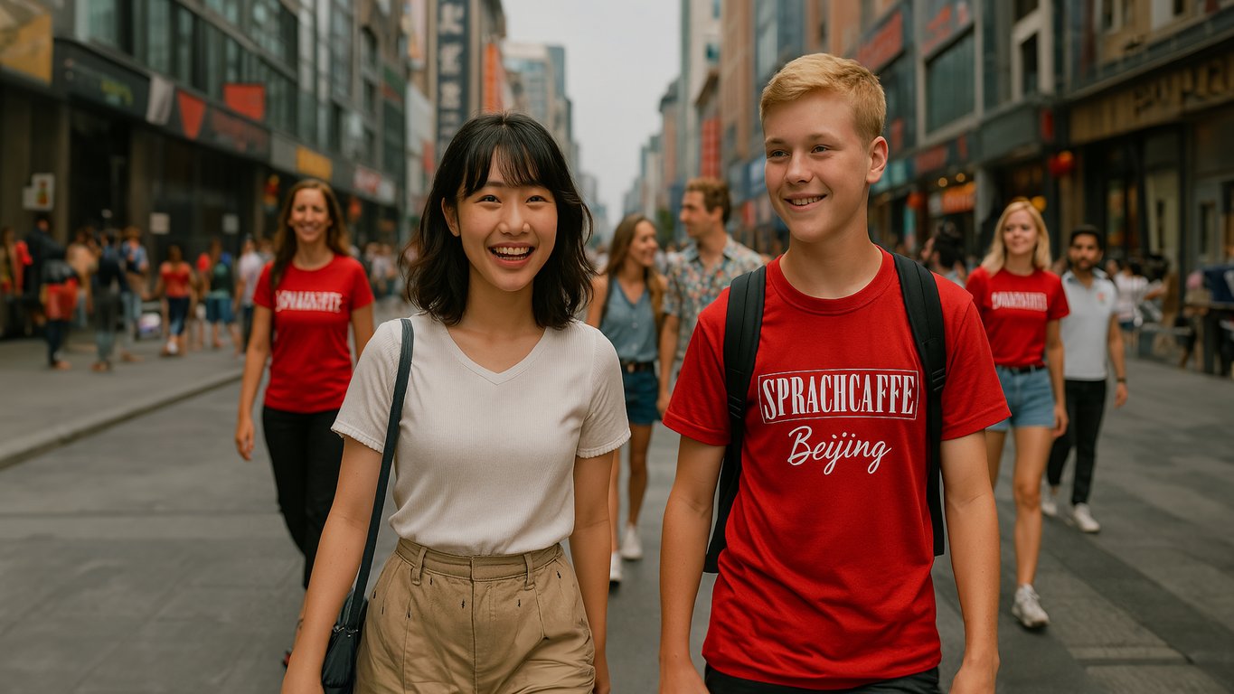 Sprachcaffe students walking through a busy street in Beijing, China, with locals and shops in the background.