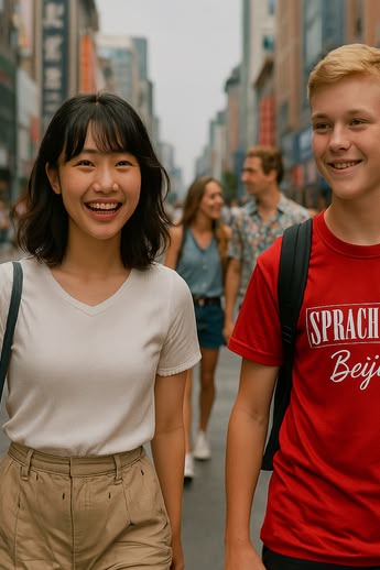 Sprachcaffe students walking through a busy street in Beijing, China, with locals and shops in the background.