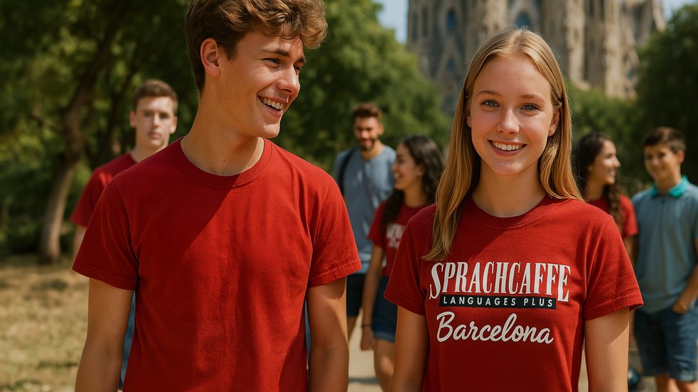 Two teenagers in red Sprachcaffe shirts smiling in a park in Barcelona, with La Sagrada Família in the background.