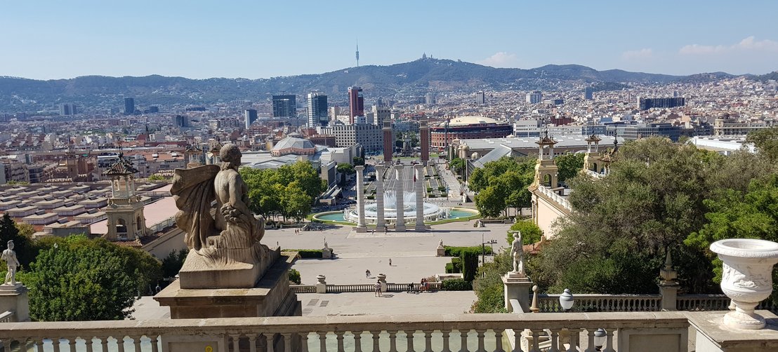 This image shows the view from the National Art Museum of Catalonia to the city of Barcelona.