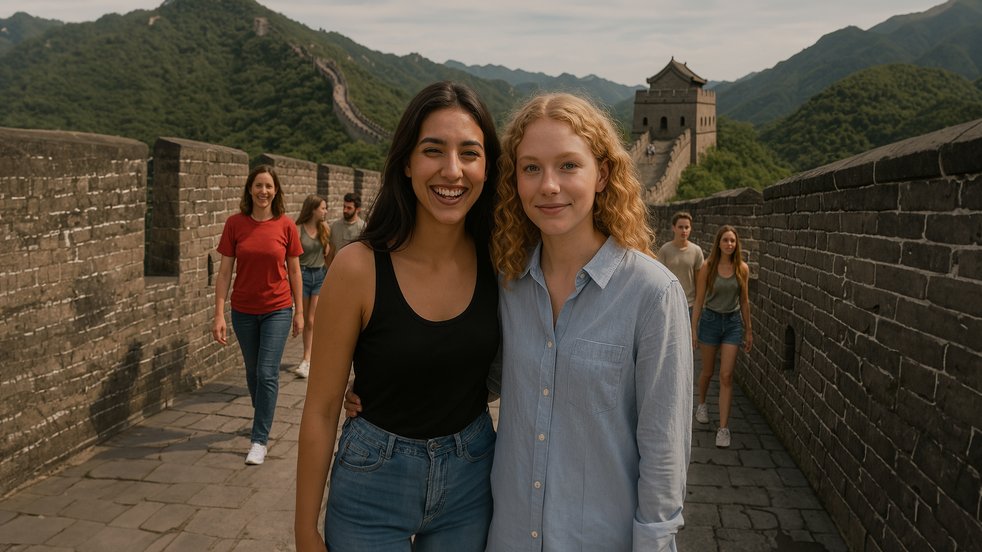 Two Sprachcaffe students smiling on the Great Wall of China with scenic mountains in the background.