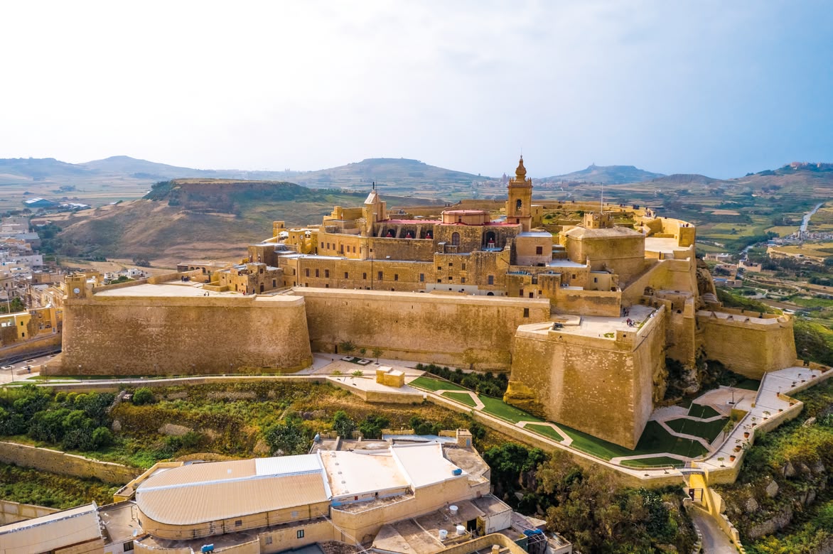 Aerial view of the fortified Citadel in Victoria, Gozo, Malta.