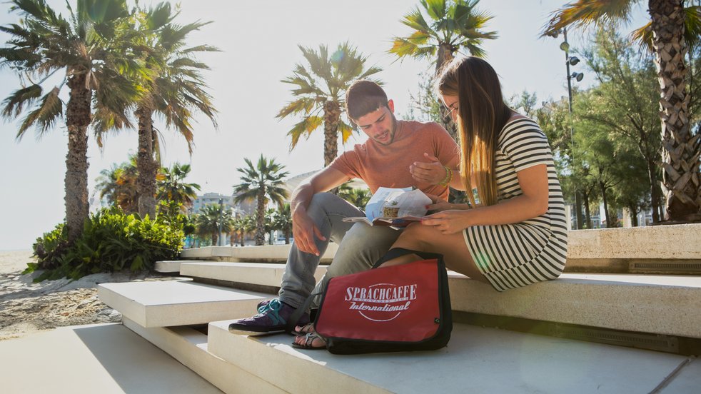 Two Sprachcaffe students sitting by the beach in Spain, reading a map with palm trees in the background.