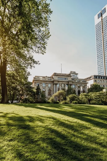 Sunny park in Frankfurt, Germany, with modern skyscrapers and green open space in the foreground.