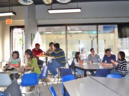 sprachcaffe english school calgary students relaxing canteen