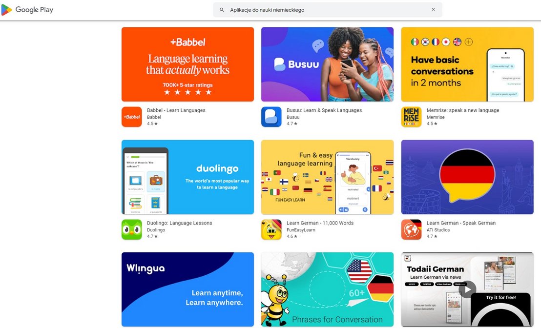Zdjęcie przedstawia wyniki wyszukiwania aplikacji do nauki niemieckiego w Google Play. Widoczne są popularne aplikacje, takie jak Babbel, Busuu, Memrise, Duolingo, Learn German (FunEasyLearn), Learn German (ATI Studios), Wlingua, oraz Todai German. Każda aplikacja ma różne podejście do nauki, od interaktywnych lekcji po naukę słownictwa i konwersacji.